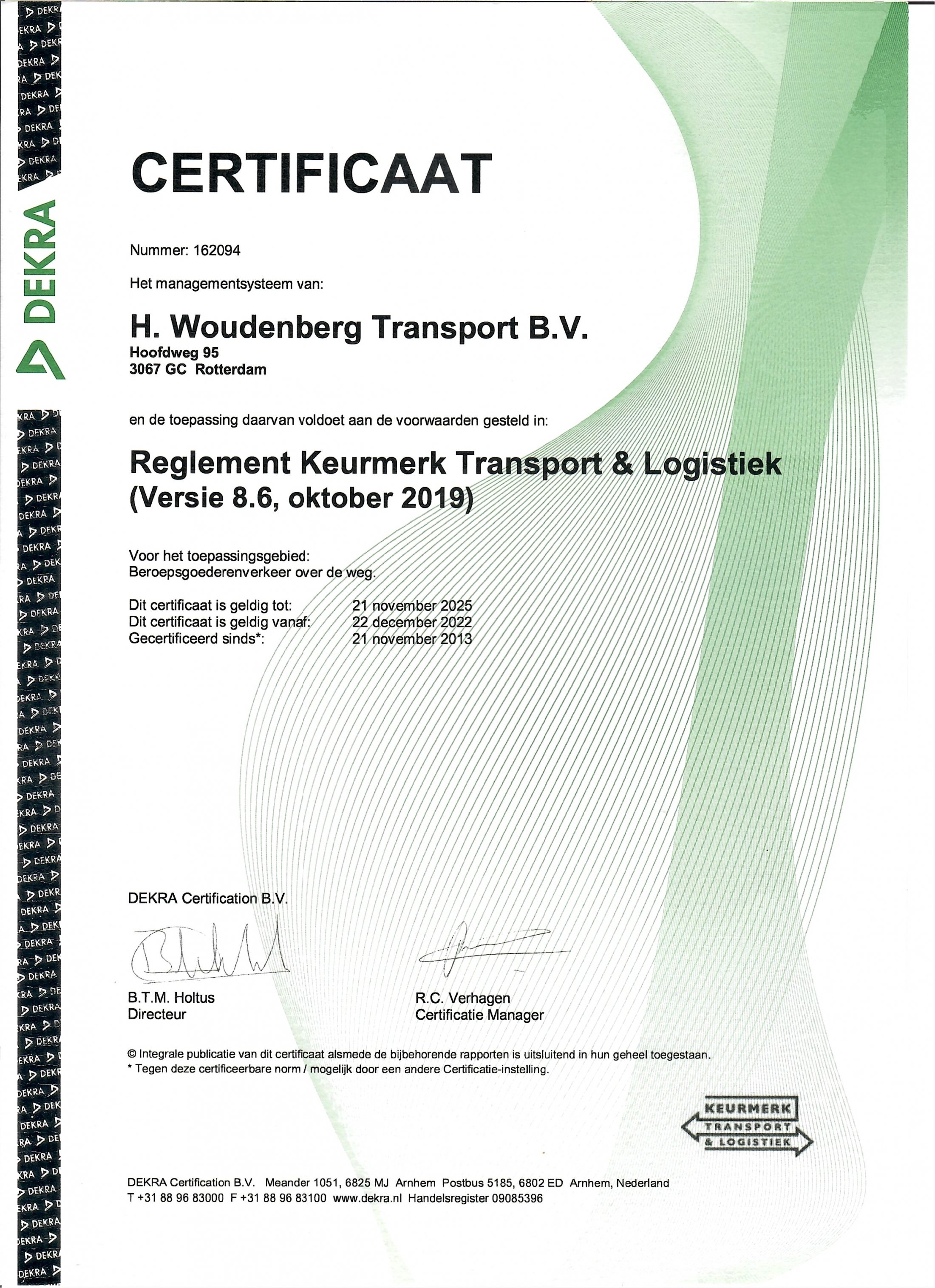 KTL certificaat uitreiking Woudenberg Transport